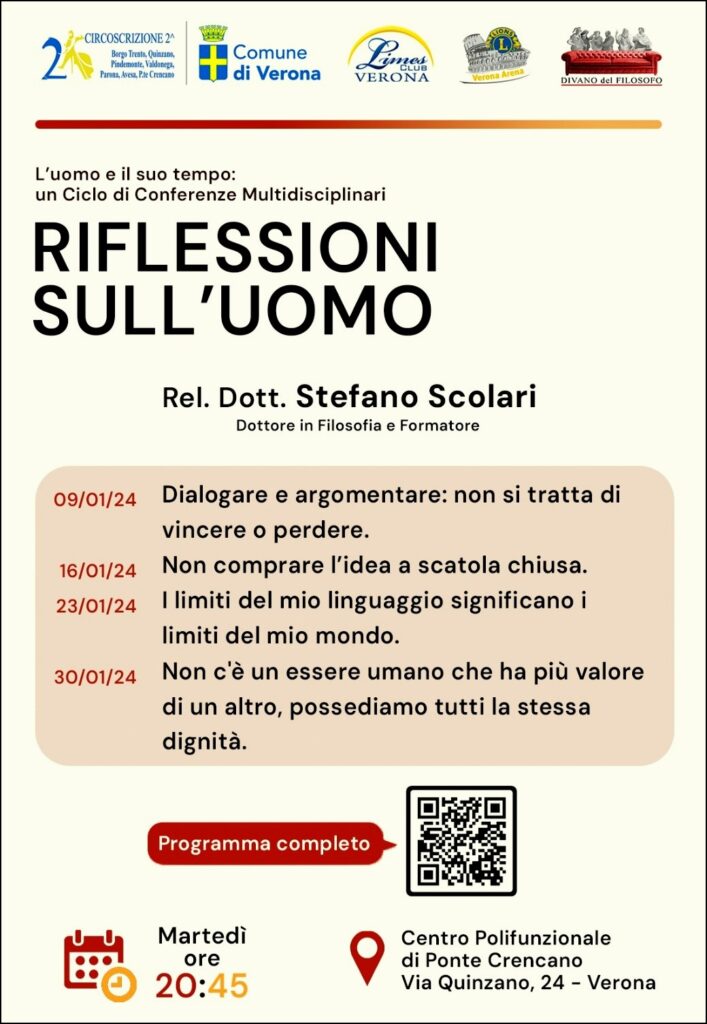 Filosofia, riflessioni sull'uomo. La locandina del ciclo di incontri che inizia martedì 9 gennaio alle 20:45 nella sala polivalente di via Quinzano 24 a Verona.