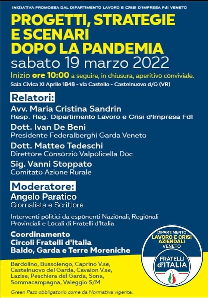 Scenari economici dopo la pandemia, se ne parla a Castelnuovo del Garda sabato