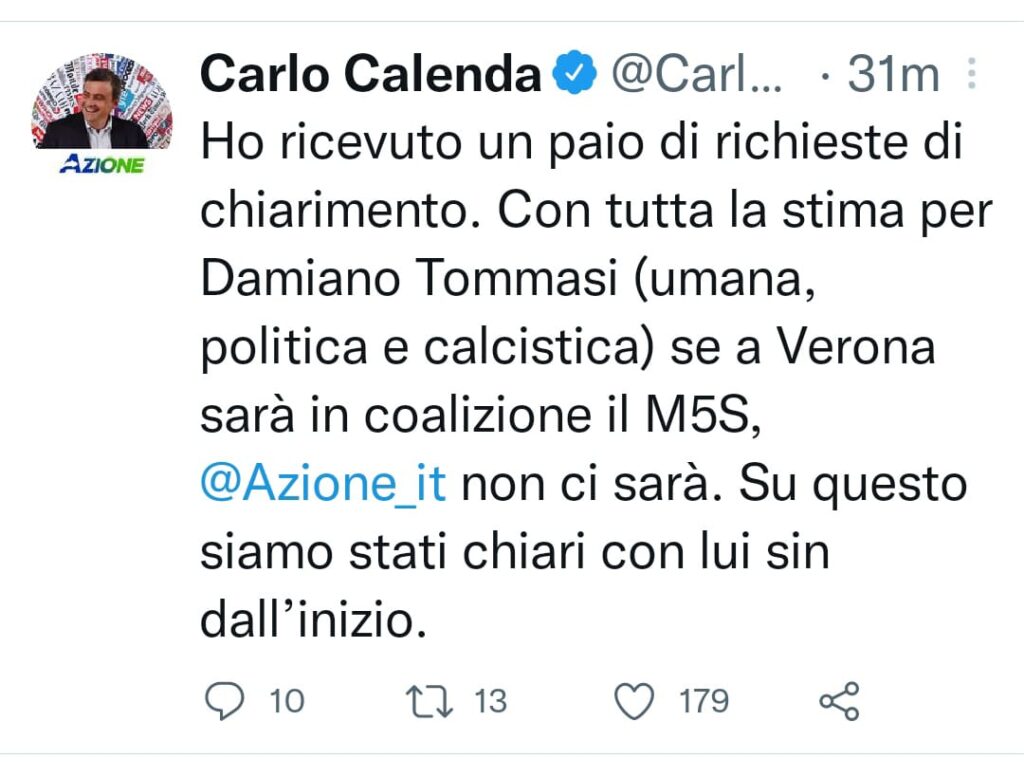 Azione si sfila dall'alleanza per Damiano Tommasi: Calenda, o noi o i 5stelle! 1 IMG 20220320 WA0015 2