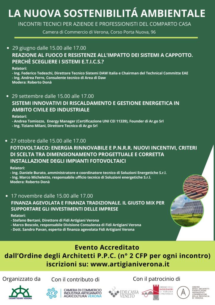 Casartigiani, un ciclo di seminari dedicati alla sostenibilità ambientale e alla riduzione della dispersione energetica applicata alle costruzioni civili e industriali 1 Locandina A4 INCONTRI 3 2