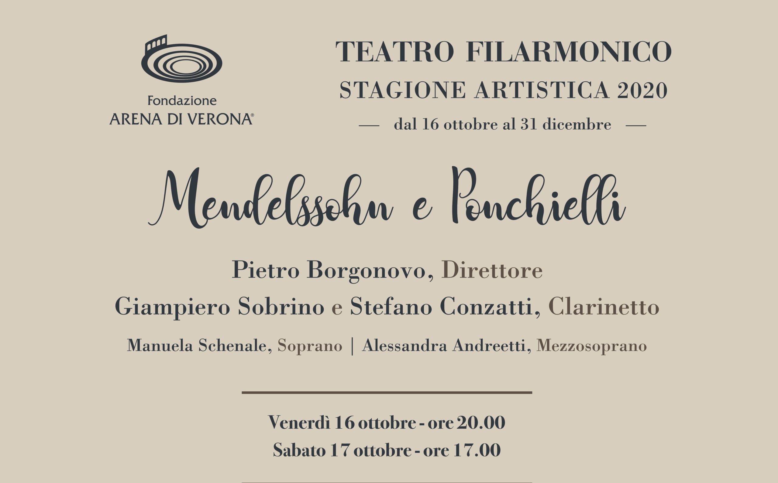 Mendelssohn e Ponchielli riaprono la stagione sinfonica al Filarmonico 1 Manifesto concerto 16 17 ottobre 2020 Teatro Filarmonico scaled