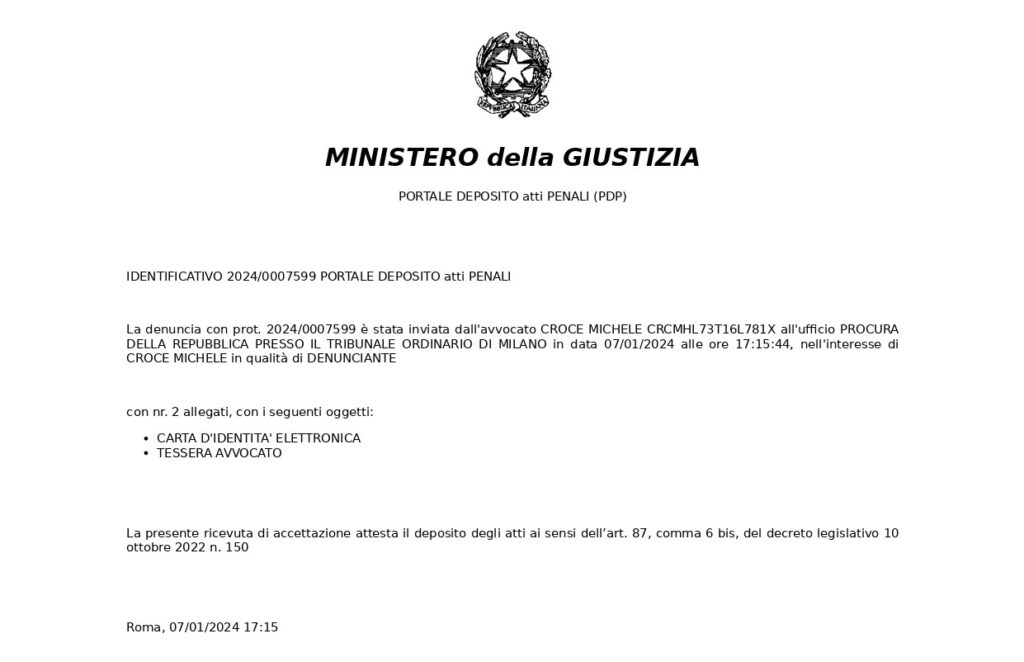 Michele Croce denuncia gli arbitri al VAR per la partita "rubata" di San Siro 1 Ricevuta accettaz. denuncia avv. Michele Croce page 0001