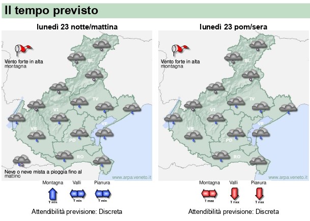 Meteo Veneto, attenzione alle nevicate domani anche in pianura. Possibili valanghe in montagna