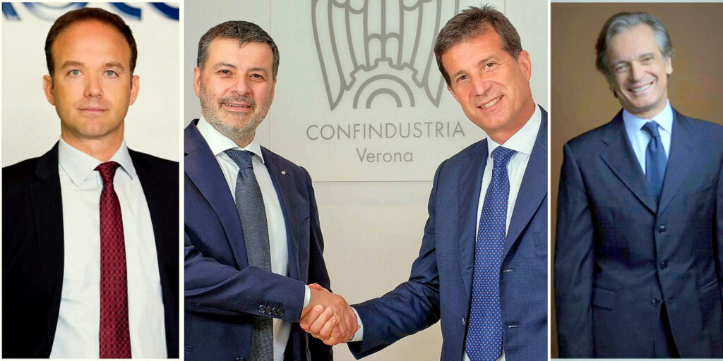 Confindustria Verona compie 80 anni: da sinistra Pedrollo, Boscaini con Bauli, Rana