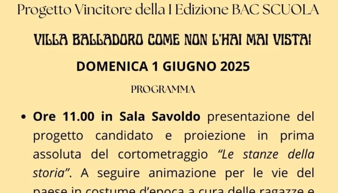 Povegliano: domenica 1 giugno presentazione del cortometraggio girato a villa Balladoro “Le stanze della storia” dei ragazzi del Carlo Anti