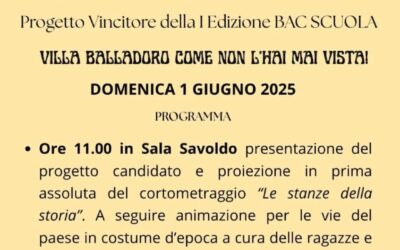 Povegliano: domenica 1 giugno presentazione del cortometraggio girato a villa Balladoro “Le stanze della storia” dei ragazzi del Carlo Anti