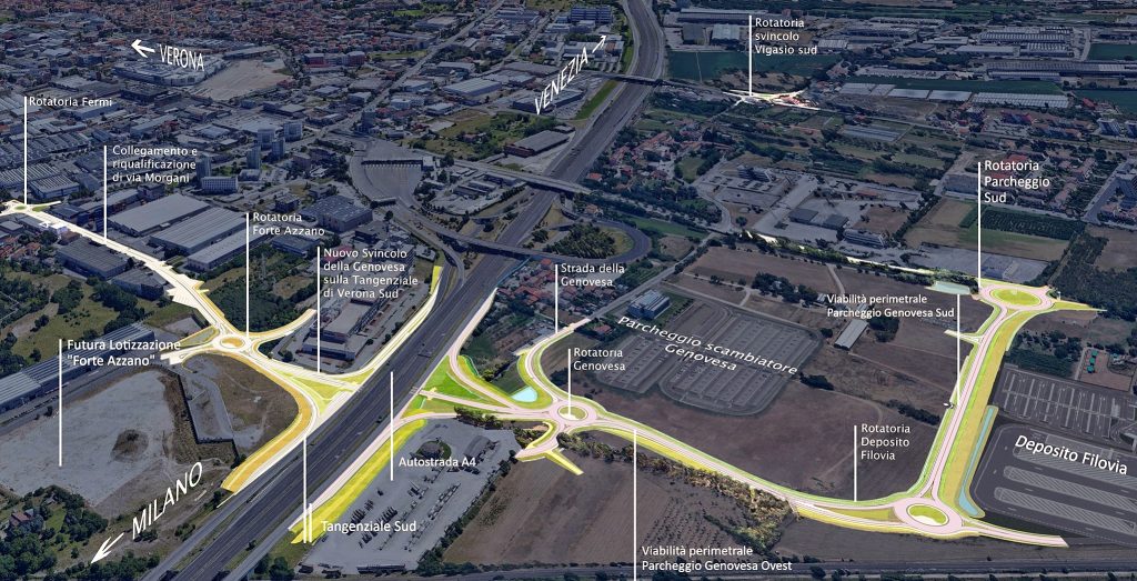 Il nuovo assetto dell'area a Ovest dell'attuale casello, come apparirà al termine dei lavori del primo lotto.