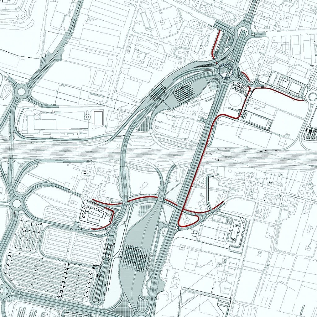 In rosso le piste ciclabili nell'area del casello