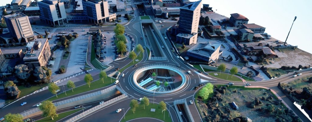Un efficace rendering in vista aerea della piazza ipogea di smistamento su vari livelli verso il casello di Verona Sud