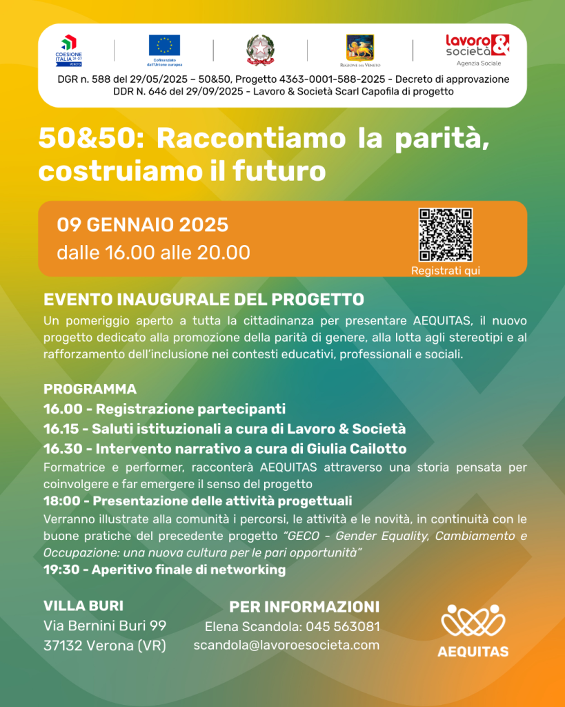 Il 2026 all'insegna delle Pari Opportunità con eventi su tutto il territorio. La presentazione di "Aequitas" il 9 gennaio a Villa Buri 1 Locandina social EVNT iniziale 5050
