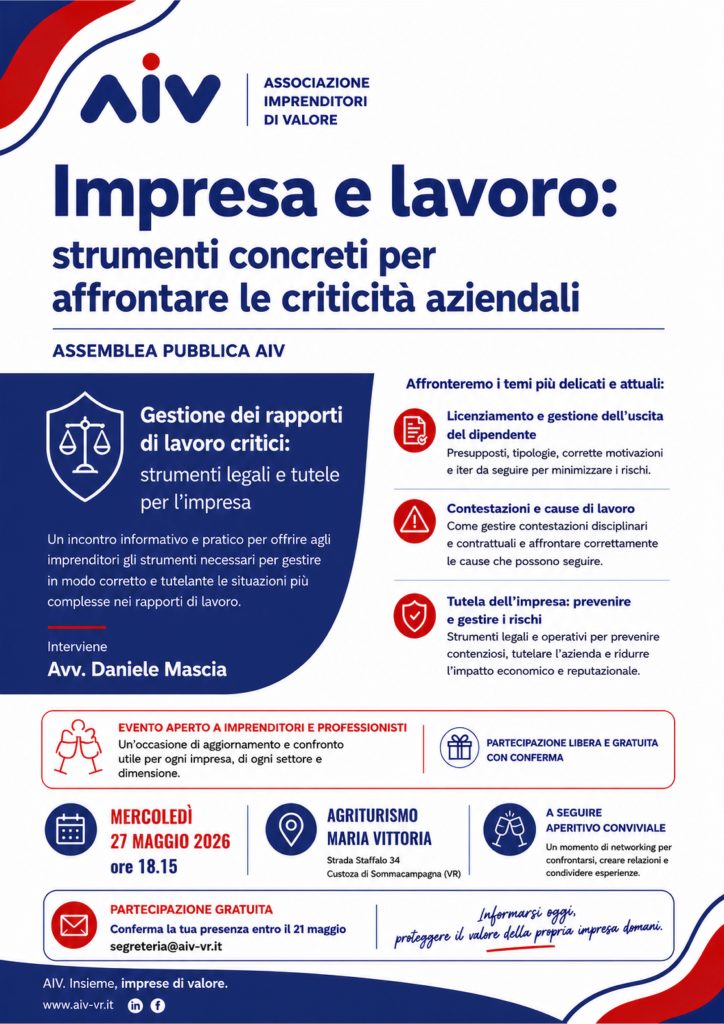 AIV promuove un incontro sulle criticità nei rapporti di lavoro 1 Invito AIV 27 Maggio 2026