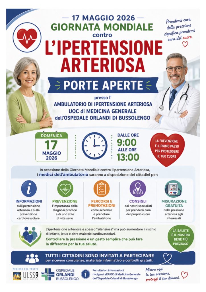 Bussolengo, “Porte Aperte” all’ospedale Orlandi per la prevenzione dell’ipertensione arteriosa 1 locandina ipertensione 17 maggio 2026 LogoULSS9