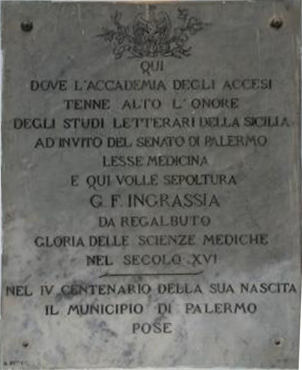Grandi medici italiani che contrastarono la Peste 3 Targa commemorativa di Gianfilippo Ingrassia a Palermo