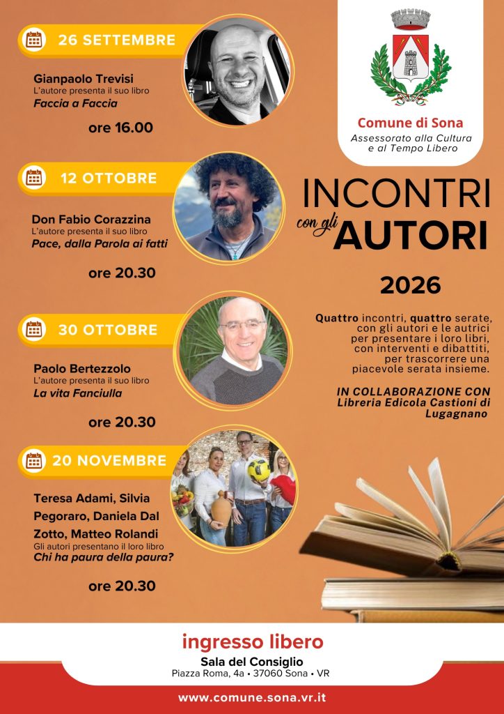 Sona, quattro serate con gli autori 1 RASSEGNA INCONTRI AUTORI 2026 2027 LOCANDINA A4