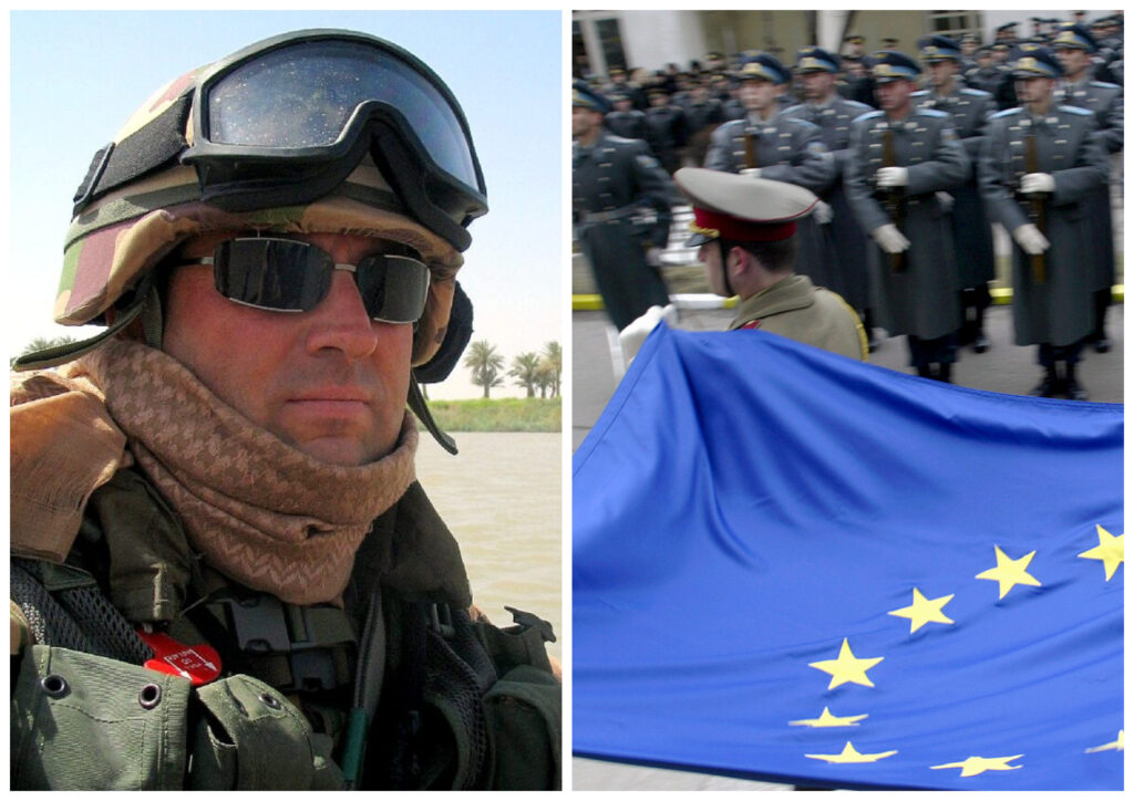 Paolo Rolli in Iraq nel 2004 e accanto la bandiera della UE davanti a un (per ora ipotetico) esercito europeo