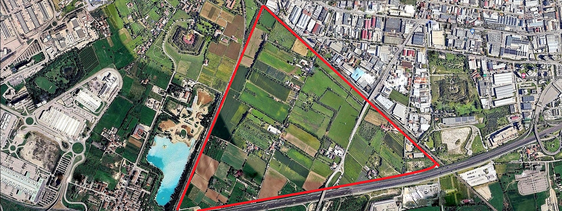 Vista dal satellite l'area della Marangona è un triangolo verde a sud-ovest del capoluogo. Nell'ottica del futuro, con il progetto Verona 2040, è un punto di forza per lo sviluppo.